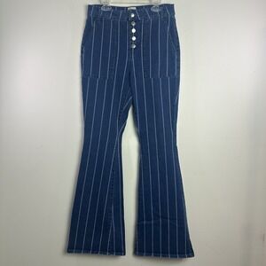 Y2K GB Striped Flare Jeans High Rise Retro Blue Womens Size 9x32 Button Fly Boho